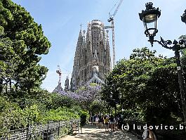 SPANJE2024_P1046199 Van ver doemen de torenspitsen van de Sagrada Familia (het moeten er in totaal 18 worden) hoog op boven de daken van de stad.