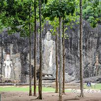 SRILANKA_D7M_4123 In de bossen van Buduruwagala zijn reusachtige Boeddhabeelden in een rots uitgehouwen. Het middelste beeld is 16 m. hoog. De beeldengroepen aan weerszijden van...